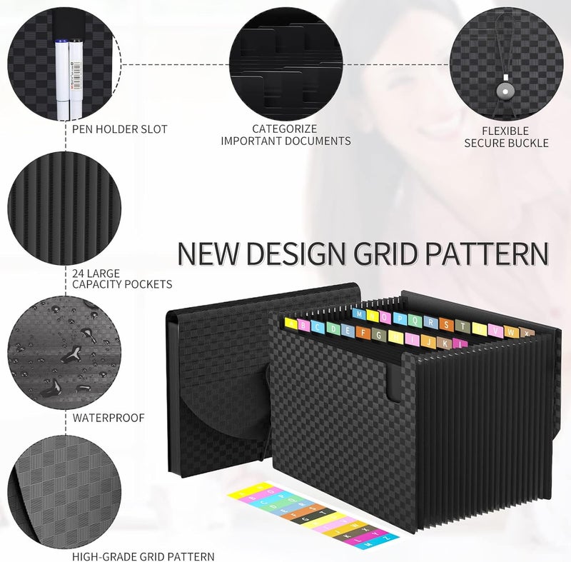 TCJ 24 Pockets Accordion File Organizer,Document Organizer,Expanding File Folder Letter Size,Expandable Filing Box,Special Designed for Portable Use,Accordian Folders,Plastic (Grid Black) - Image 3